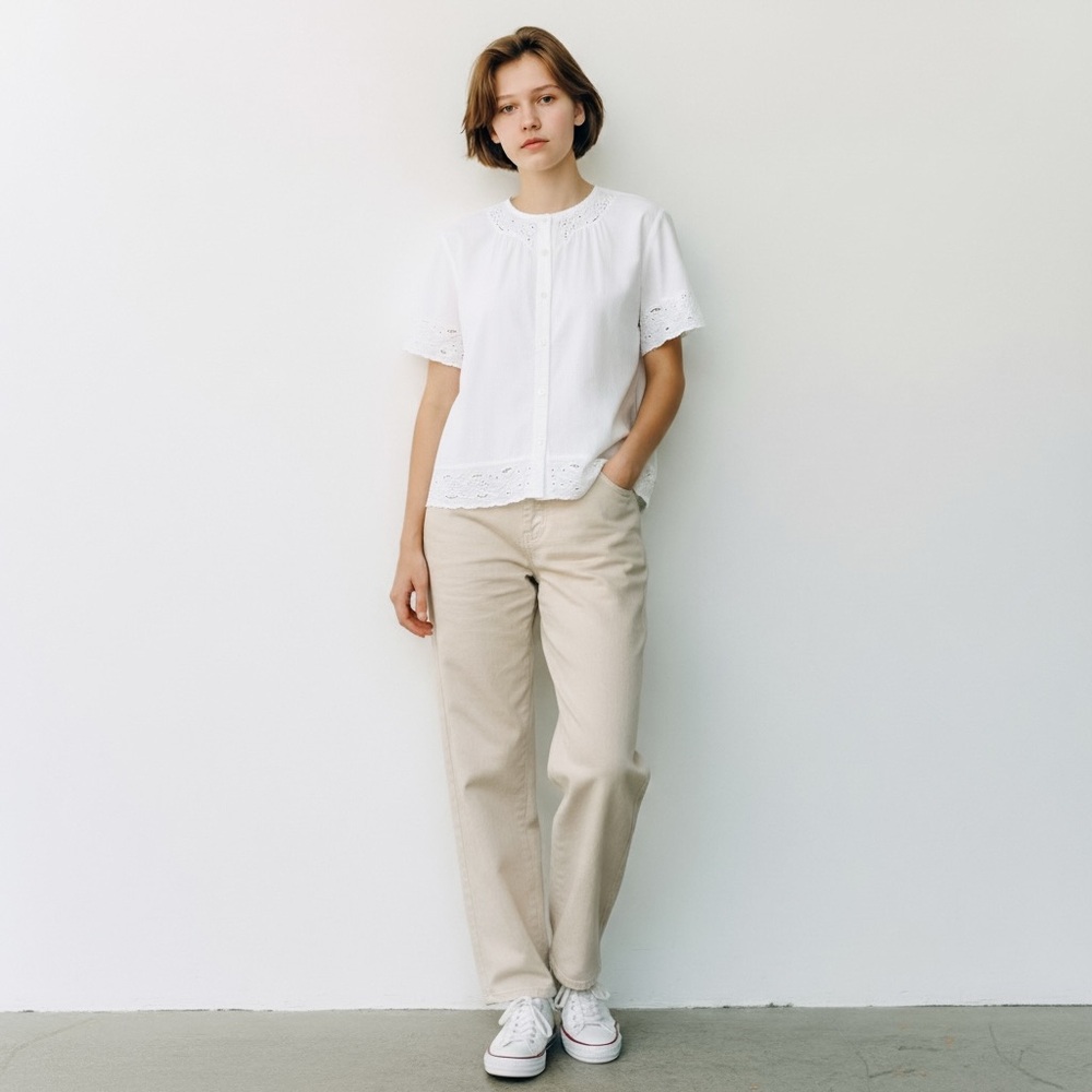 Orvis Classic White Button-Down Eyelet Hem Short Sleeve Top